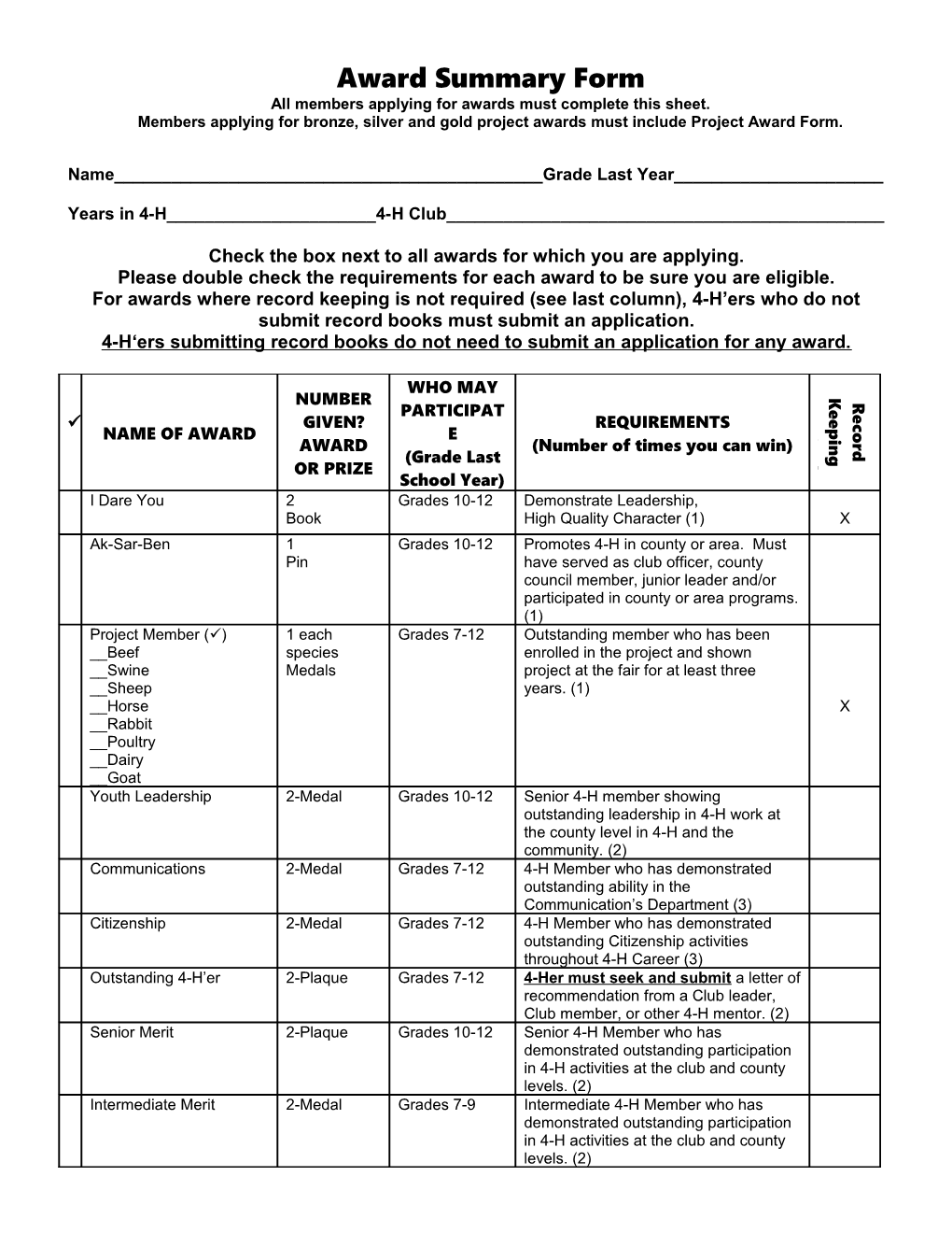 Award Summary Form