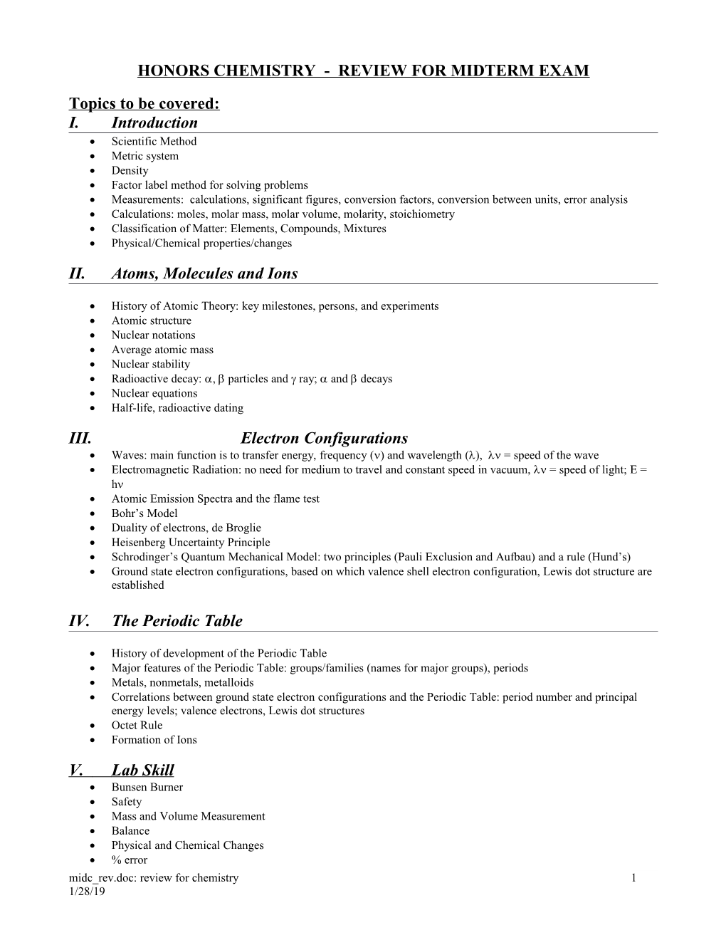 Honors Chemistry - Midterm Review