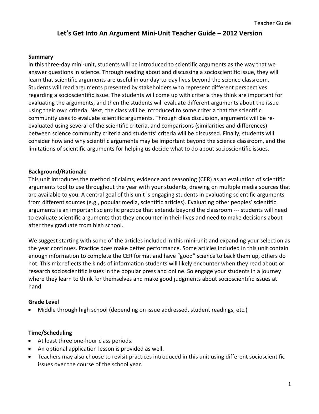 Let S Get Into an Argument Mini-Unit Teacher Guide 2012 Version