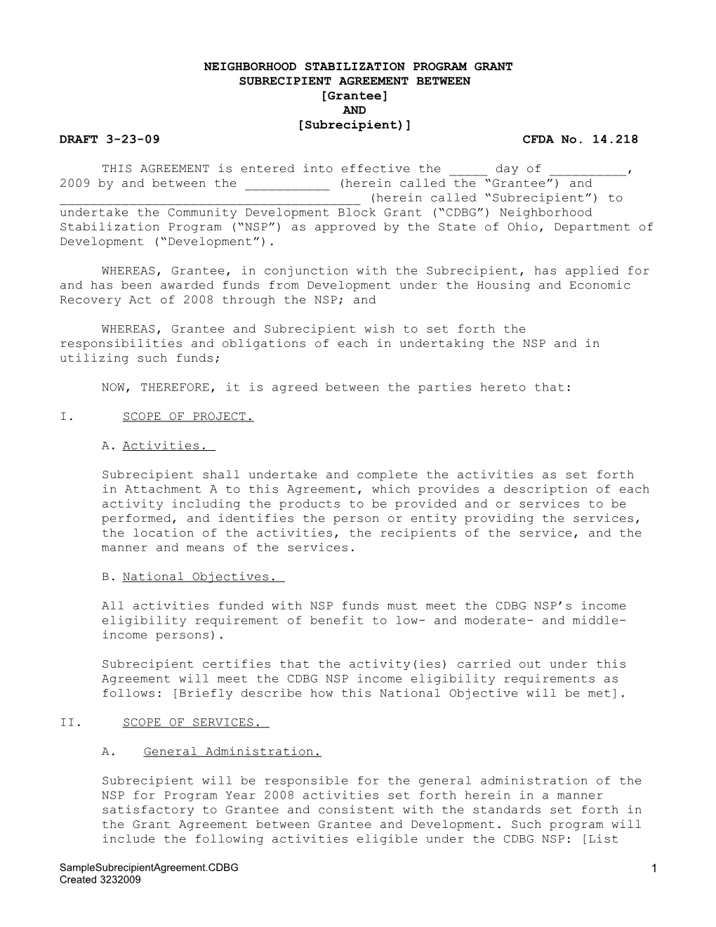 Sample Subrecipient Agreement*