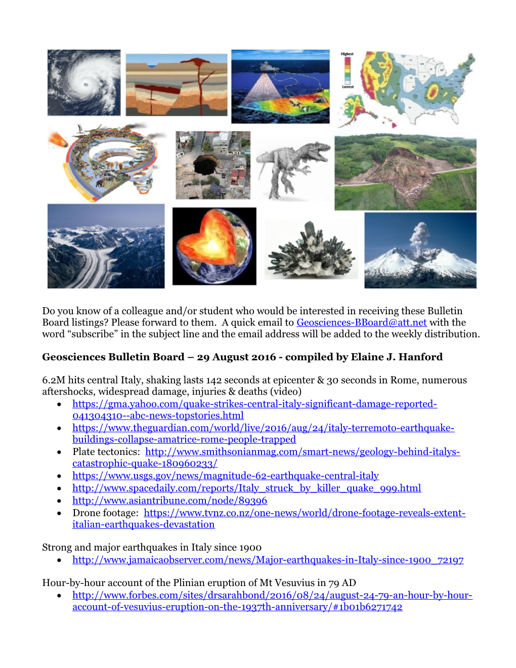 Geosciences Bulletin Board 29 August 2016 - Compiled by Elaine J. Hanford