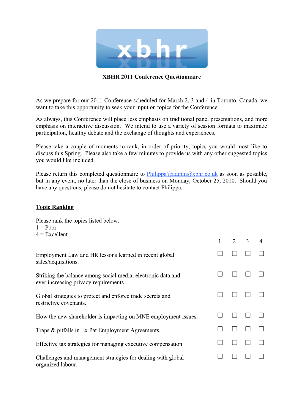 XBHR 2011 Conference Questionnaire