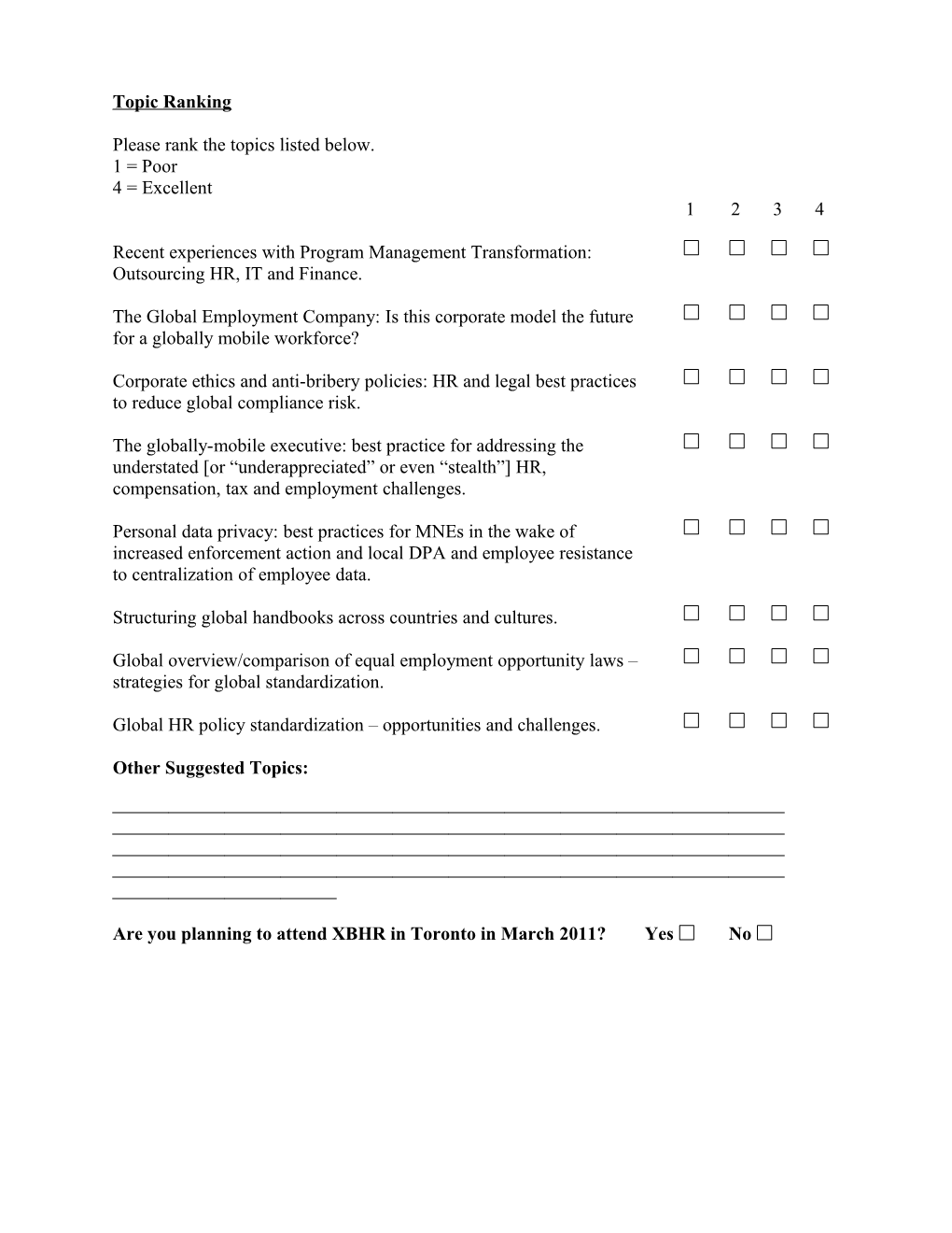 XBHR 2011 Conference Questionnaire
