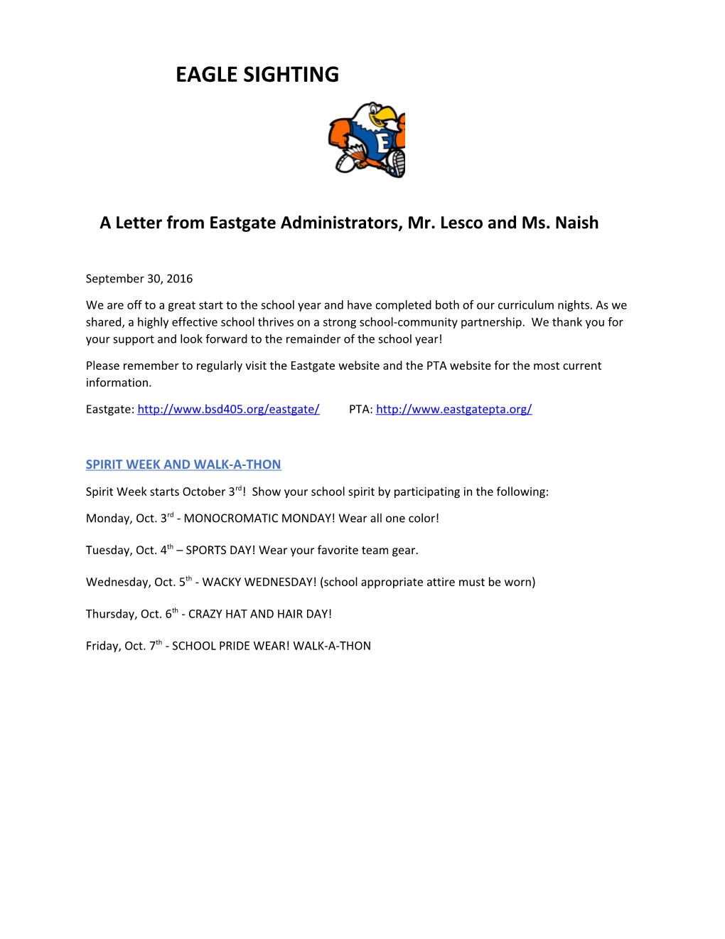 A Letter from Eastgate Administrators, Mr. Lesco and Ms. Naish