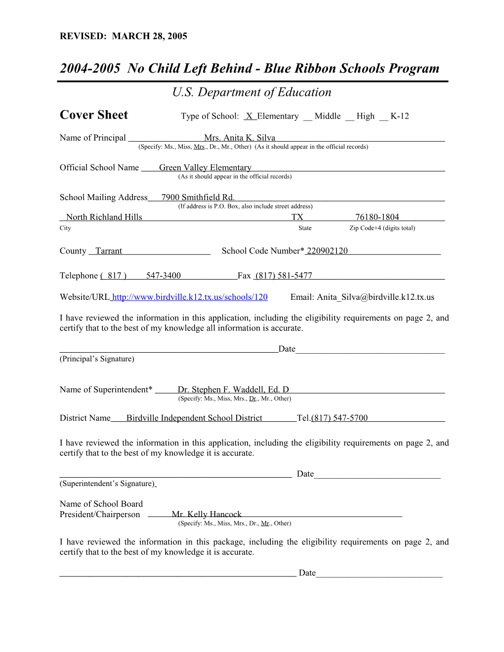 Green Valley Elementary School Application: 2004-2005, No Child Left Behind - Blue Ribbon