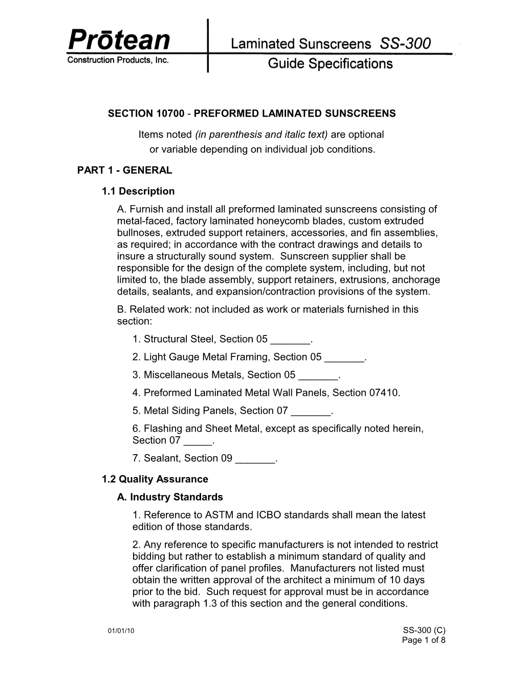 Section 10700 - Preformed Laminated Sunscreens