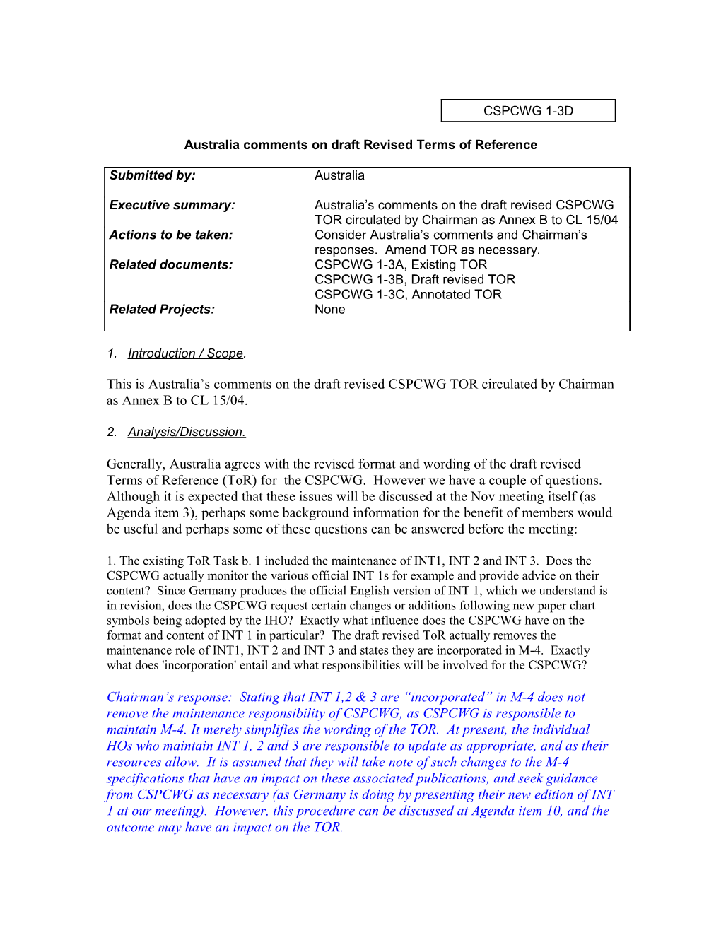 Australia Comments on Draft Revised Terms of Reference