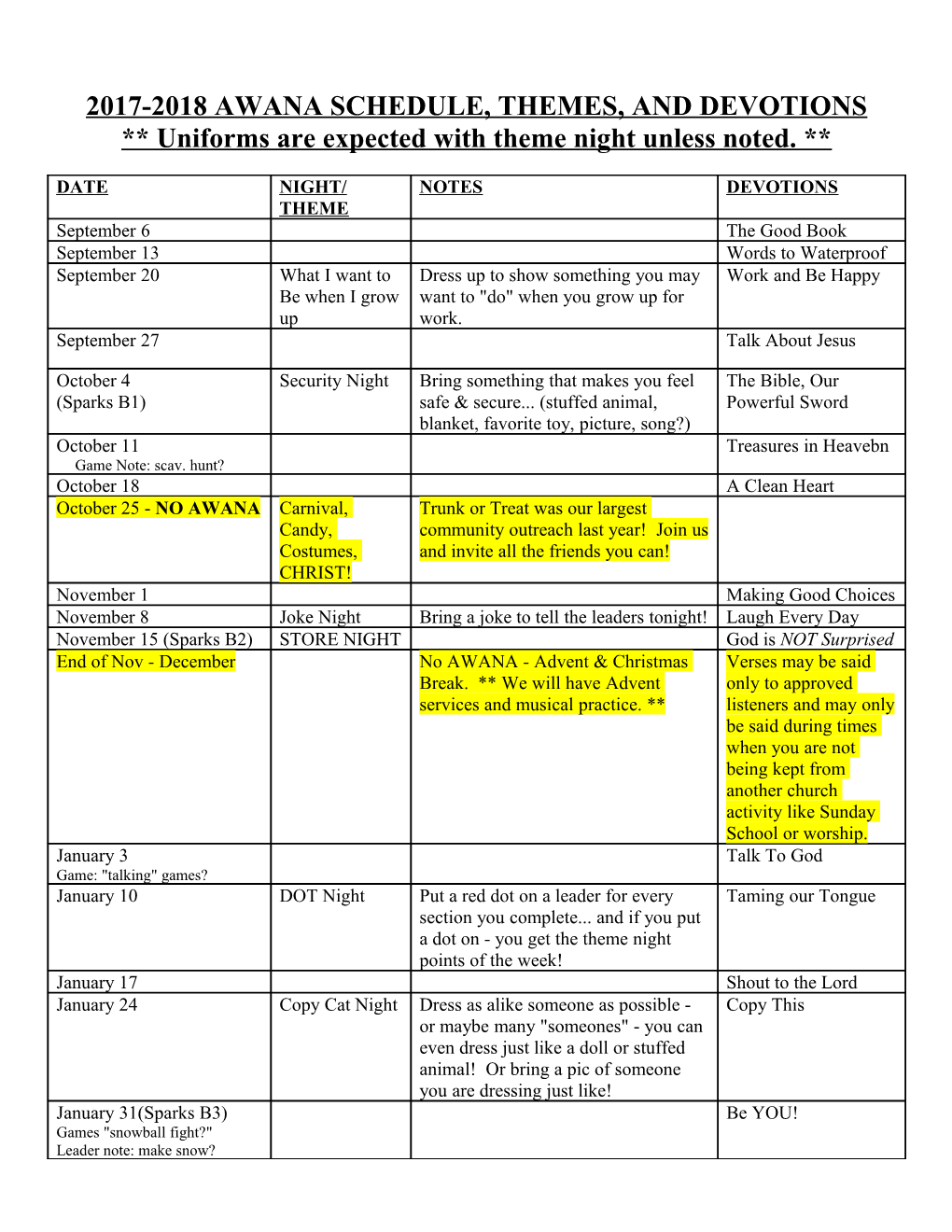 2010-2011 Awana Schedule, Themes, and Devotions