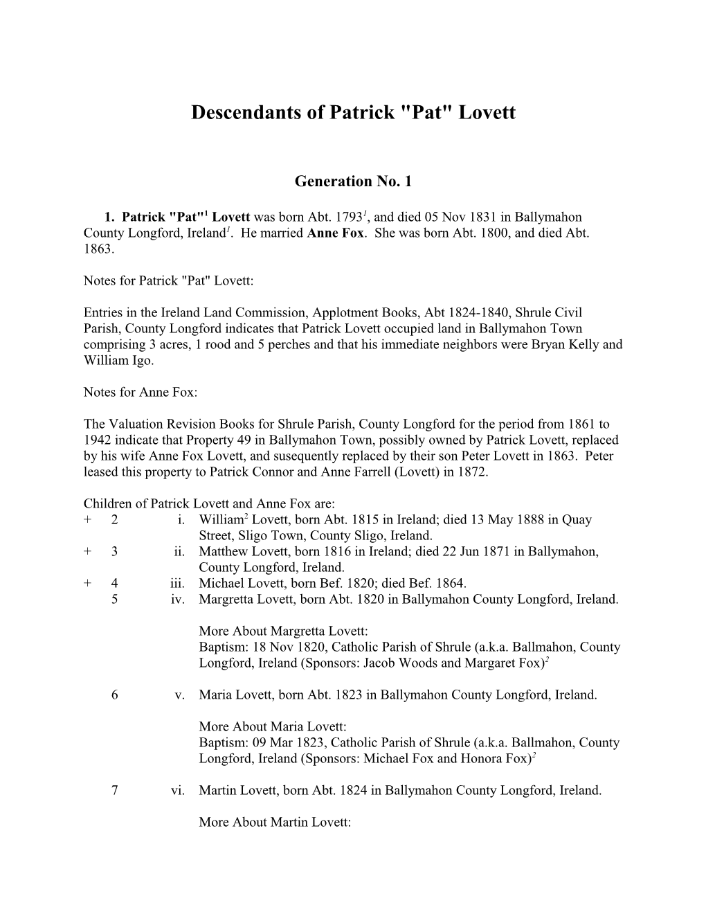 Descendants of Patrick Pat Lovett