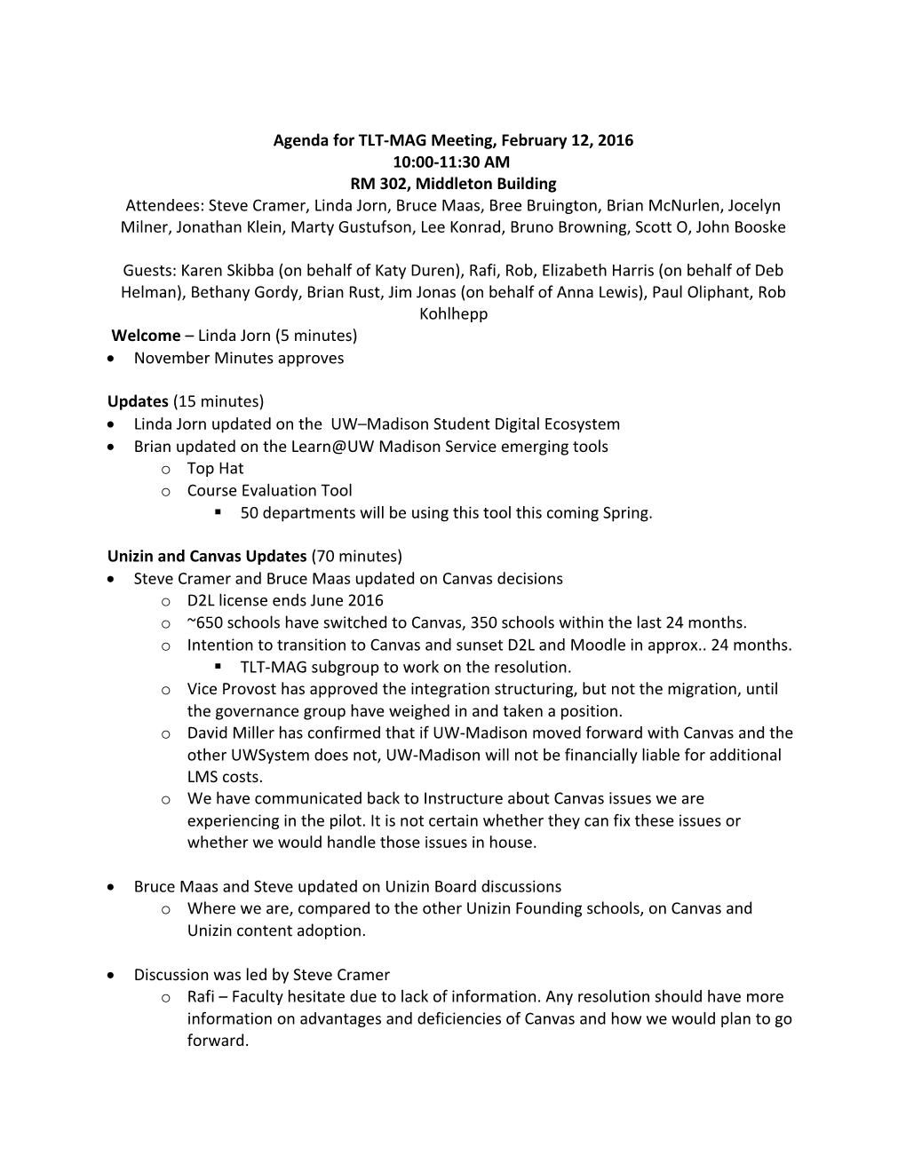 Agenda for TLT-MAG Meeting, February 12, 2016
