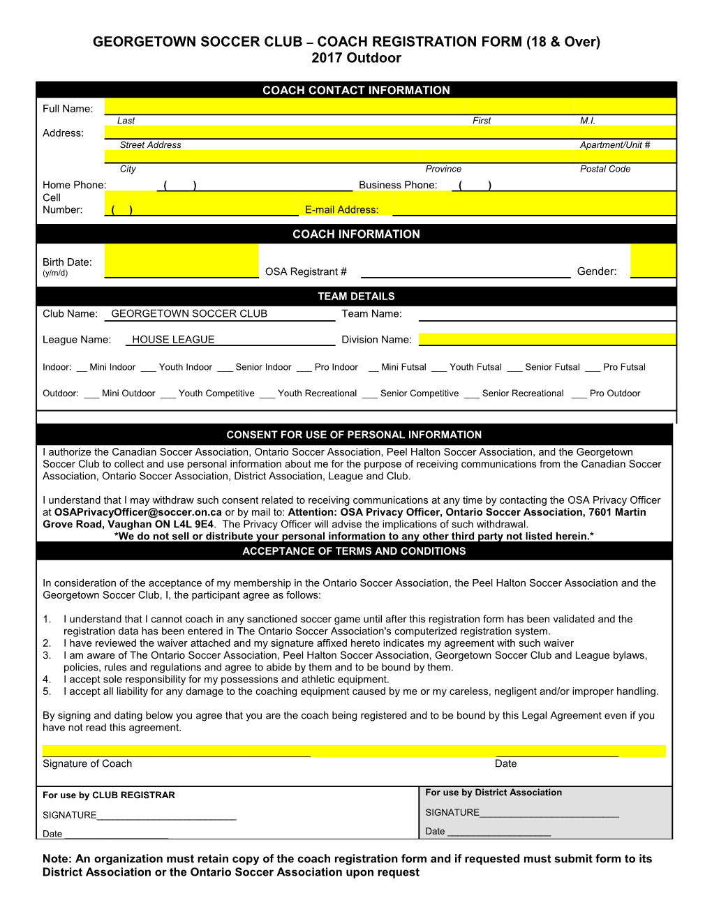 GEORGETOWN SOCCER CLUB COACH REGISTRATION FORM (18 & Over)