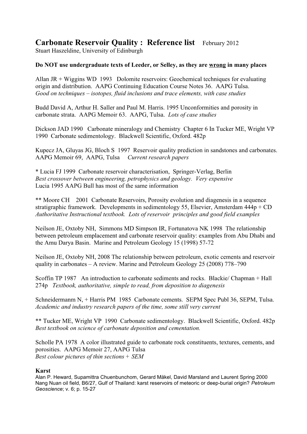 Carbonate Reservoir Quality : Reference List