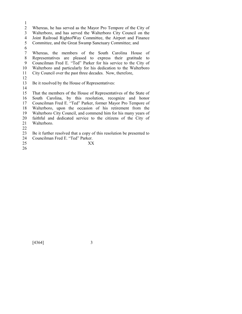 2011-2012 Bill 4364: Councilman Fred E. Parker - South Carolina Legislature Online