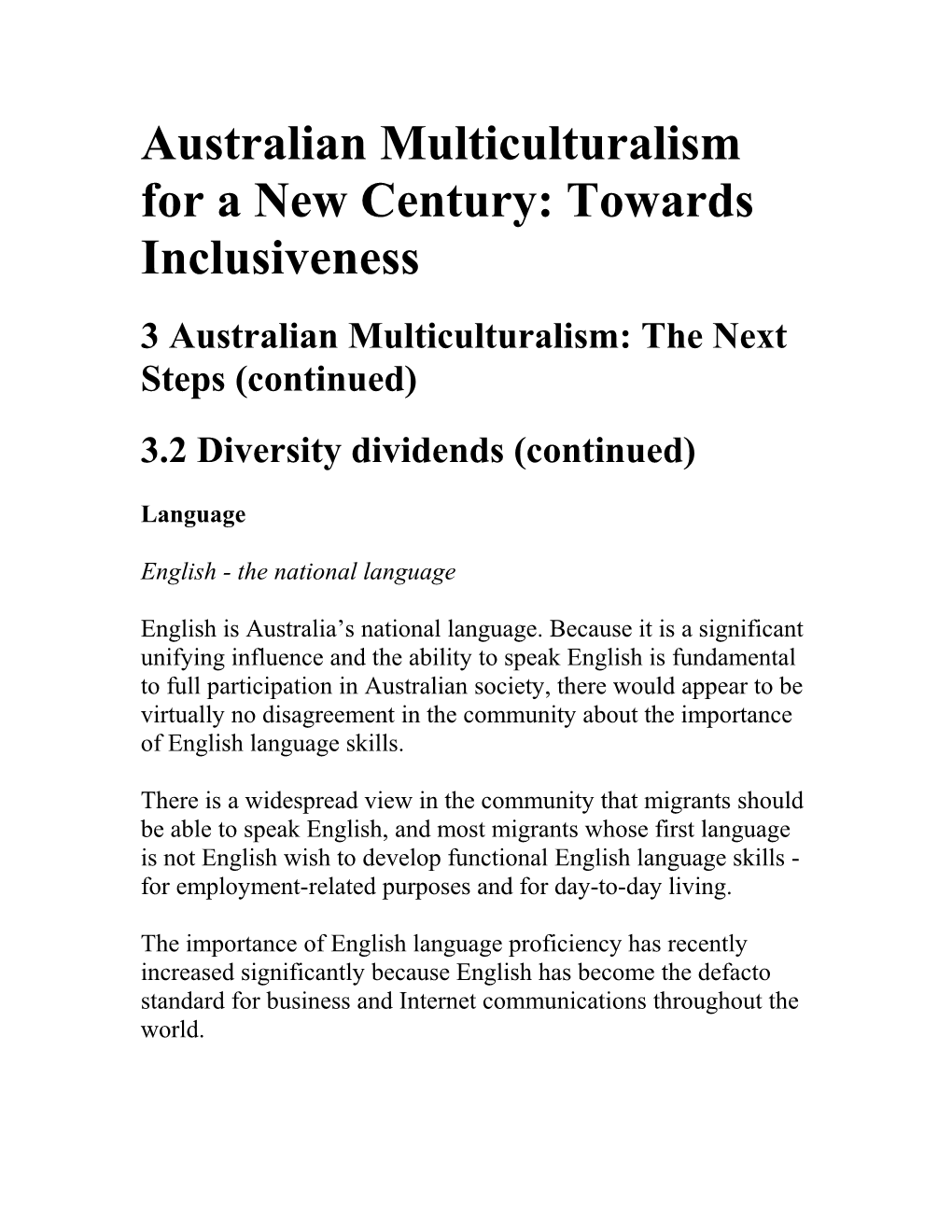 Australian Multiculturalism for a New Century: Towards Inclusiveness