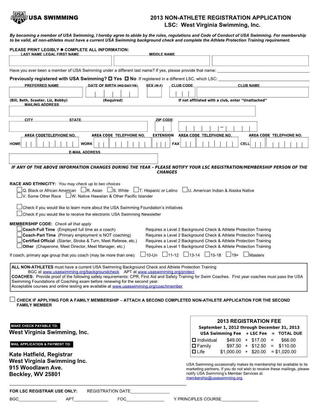 Usa Swimming2013 Non-Athlete Registration Application