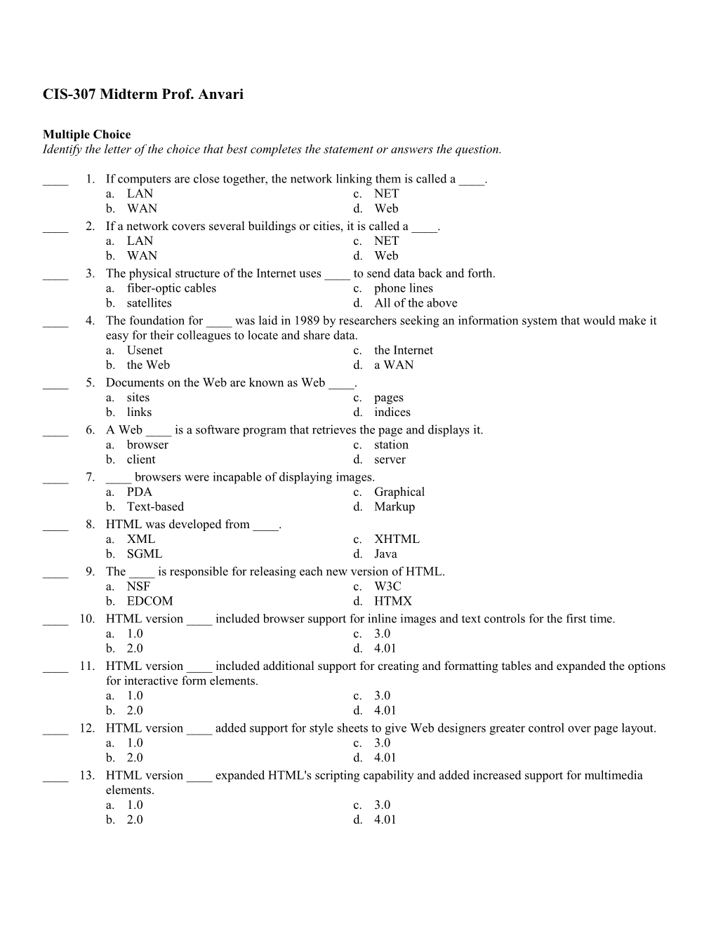 CIS-307 Midterm Prof