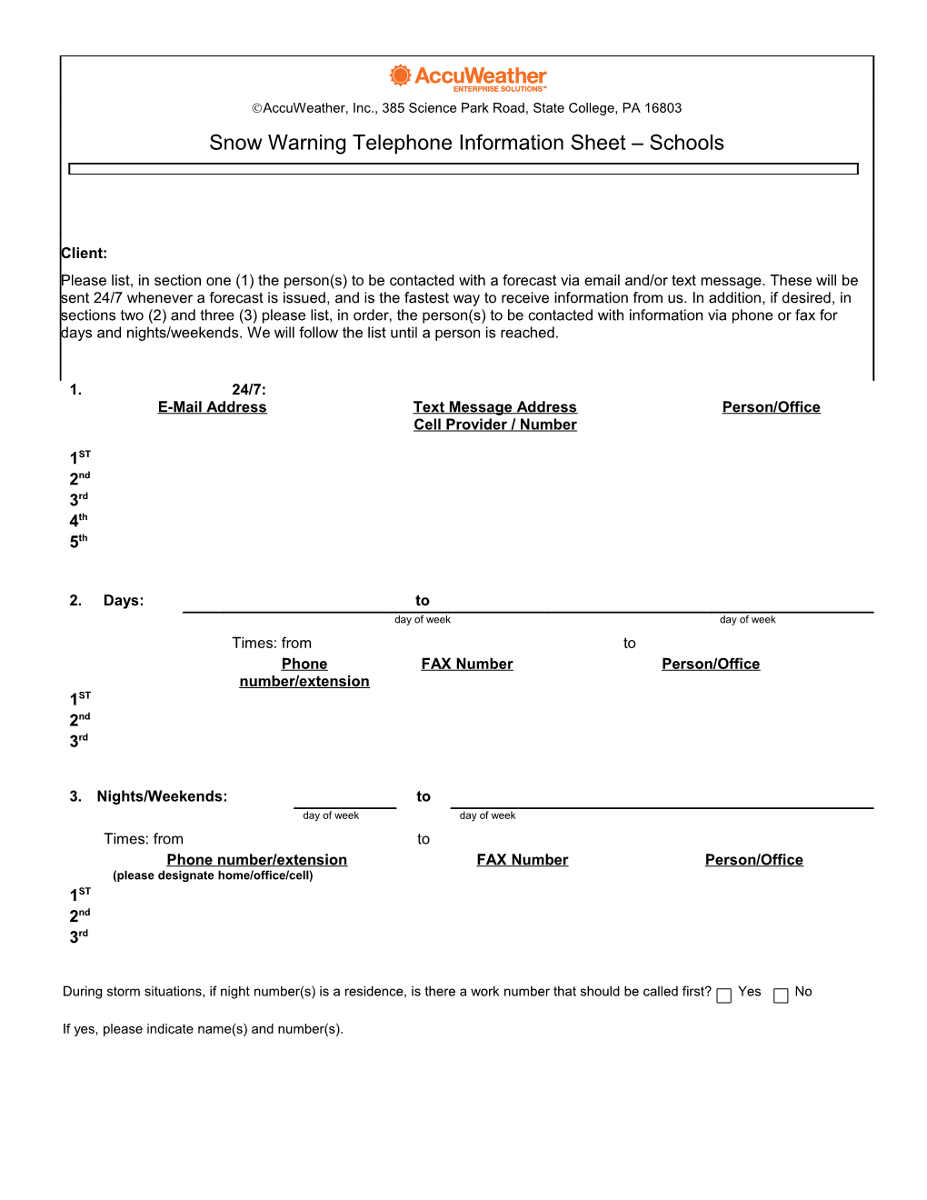 Snow Warning Telephone Information Sheet Schools