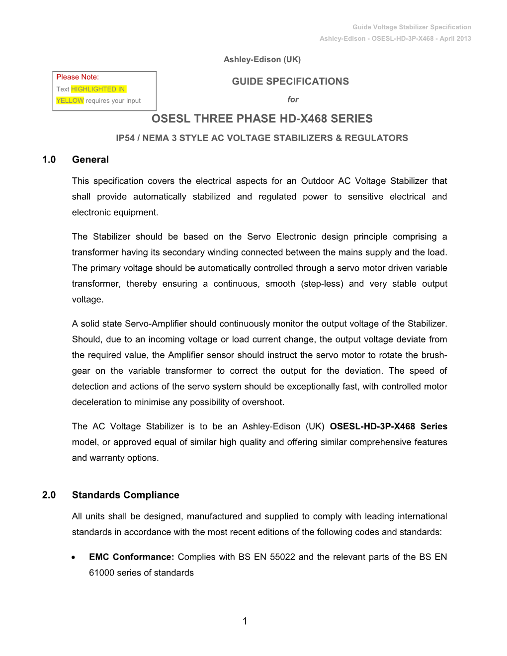 Guide Specification for Ashley-Edison OSESL Three Phase AC Voltage Stabilisers