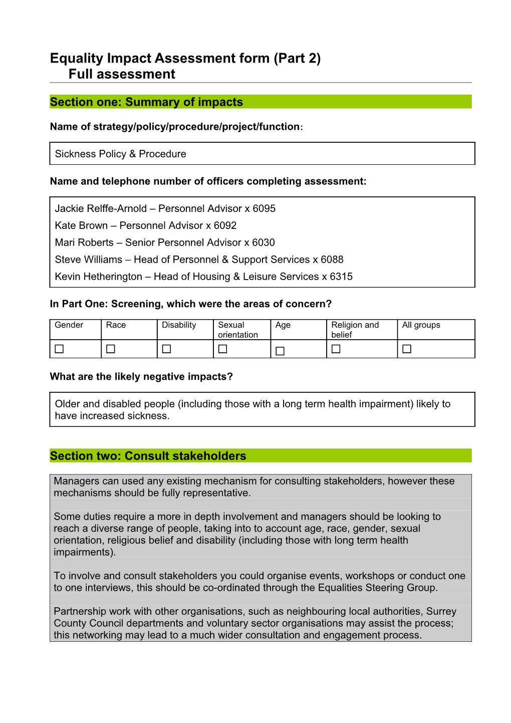 Equality Impact Assessment Form (Part 2)