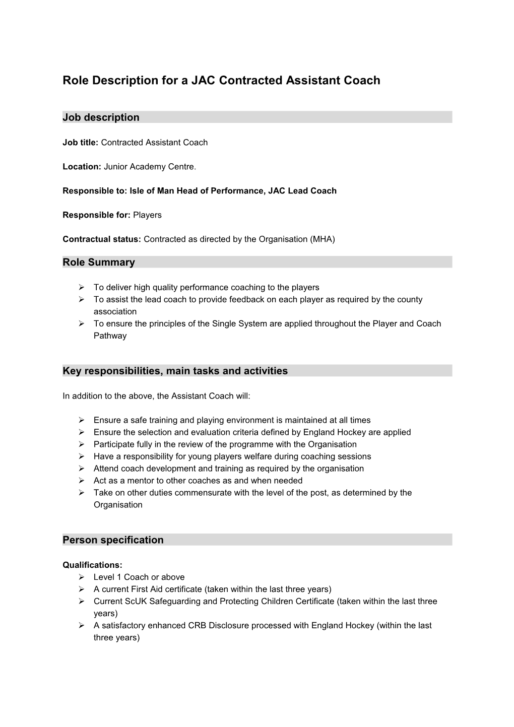 Role Description for a JAC Contracted Assistant Coach