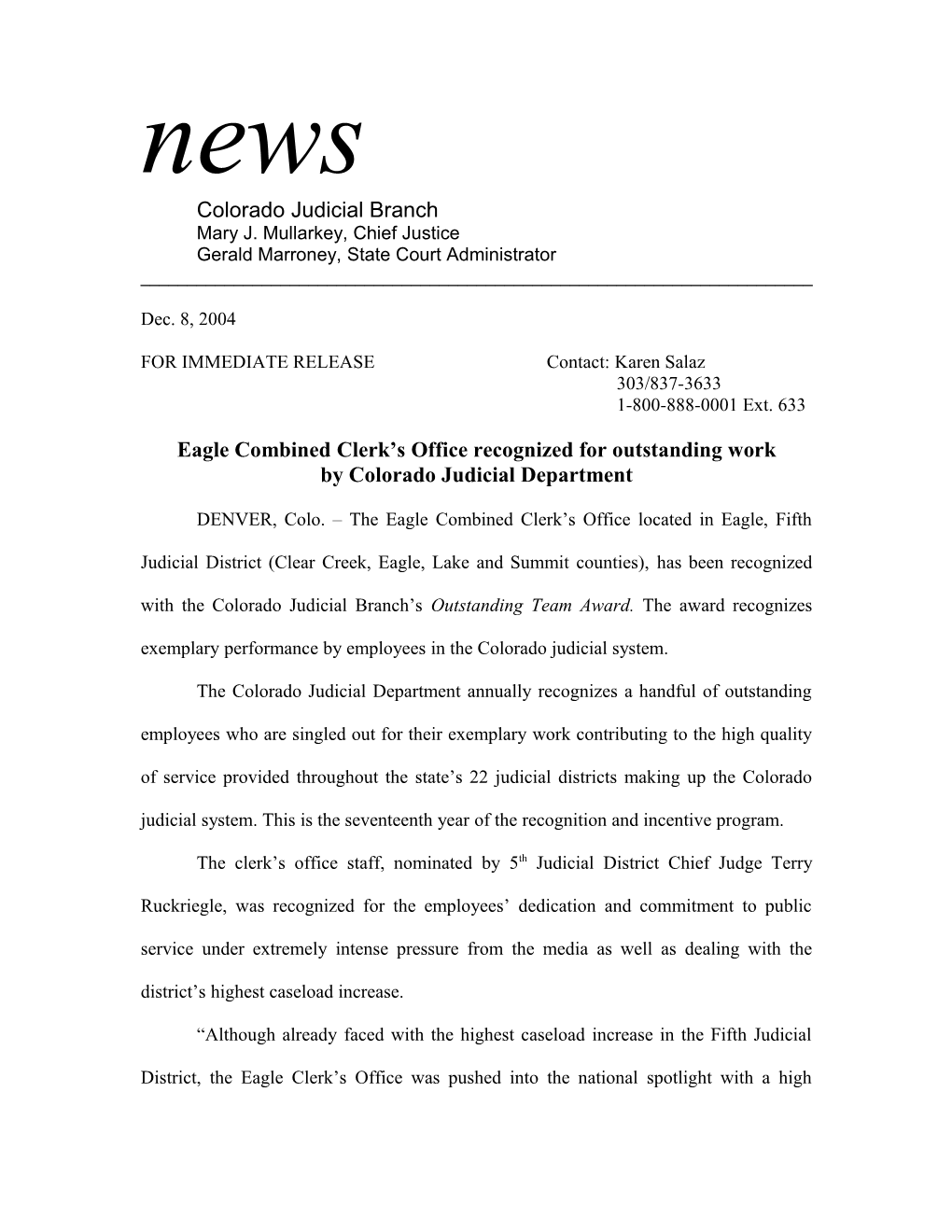 Eagle Combined Clerk S Office Recognized for Outstanding Work