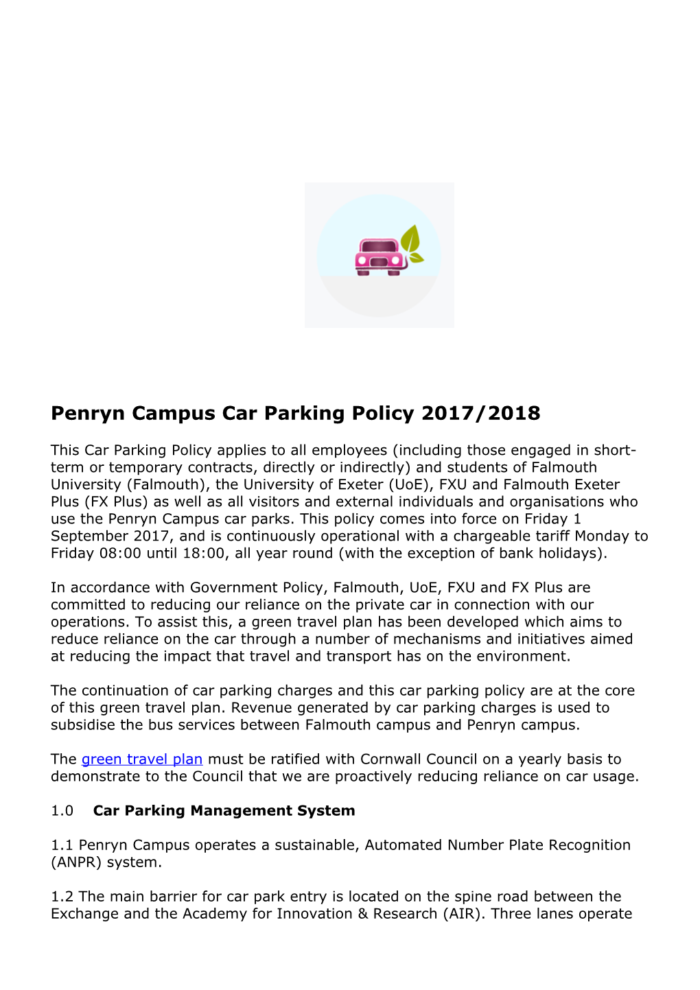 Penryn Campus Car Parking Policy 2017/2018