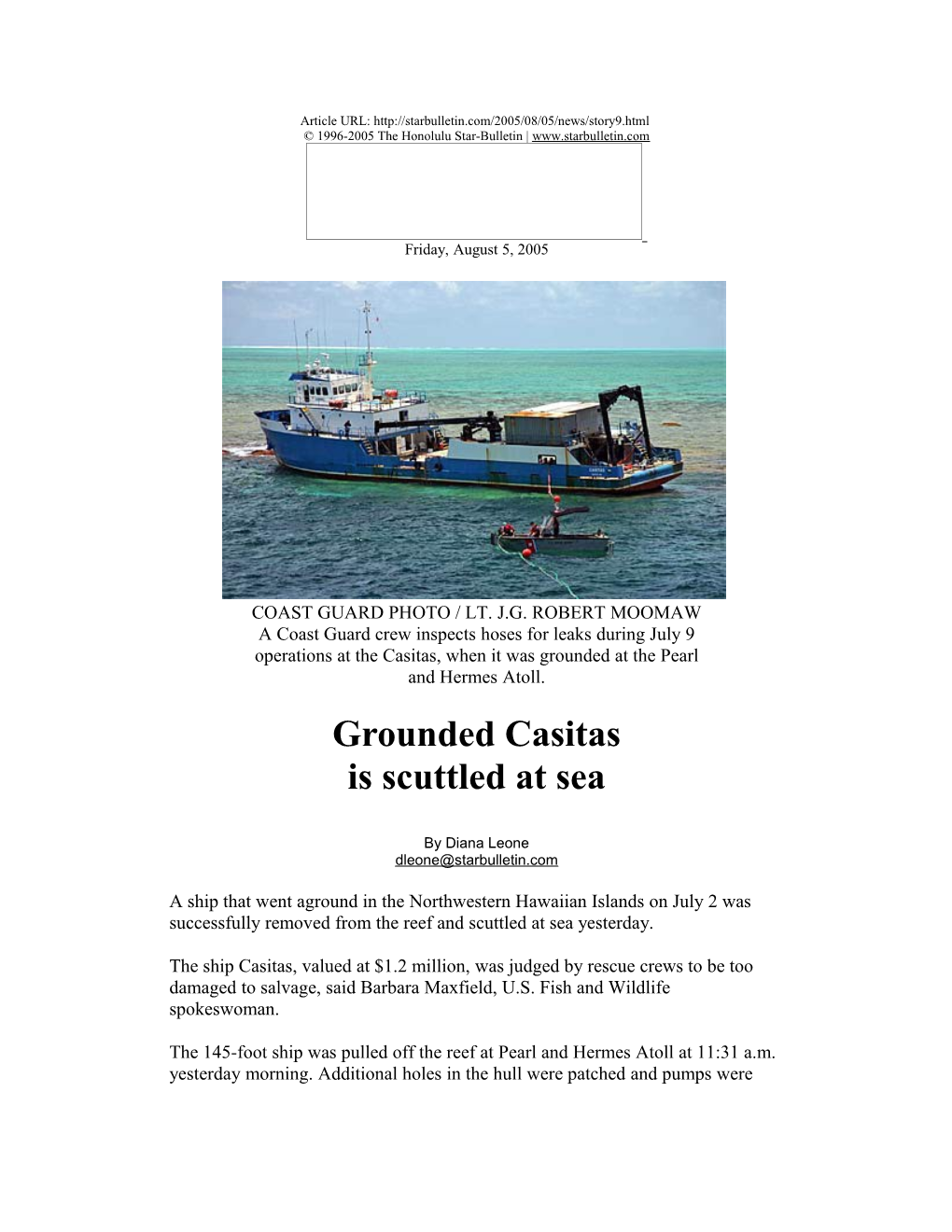 Grounded Casitasis Scuttled at Sea