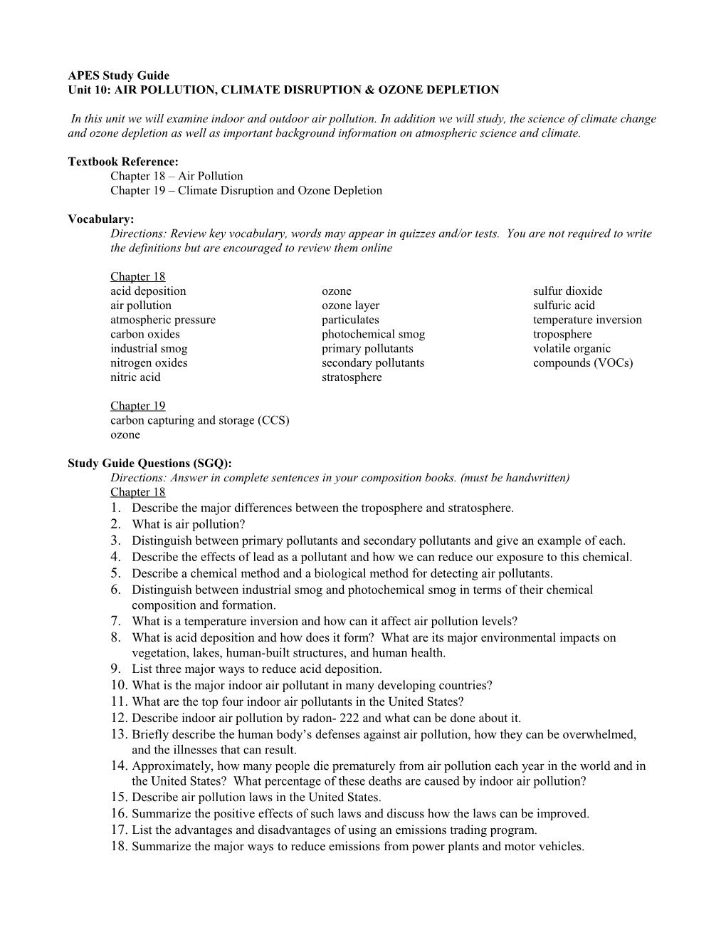 Unit 10: AIR POLLUTION, CLIMATE DISRUPTION & OZONE DEPLETION