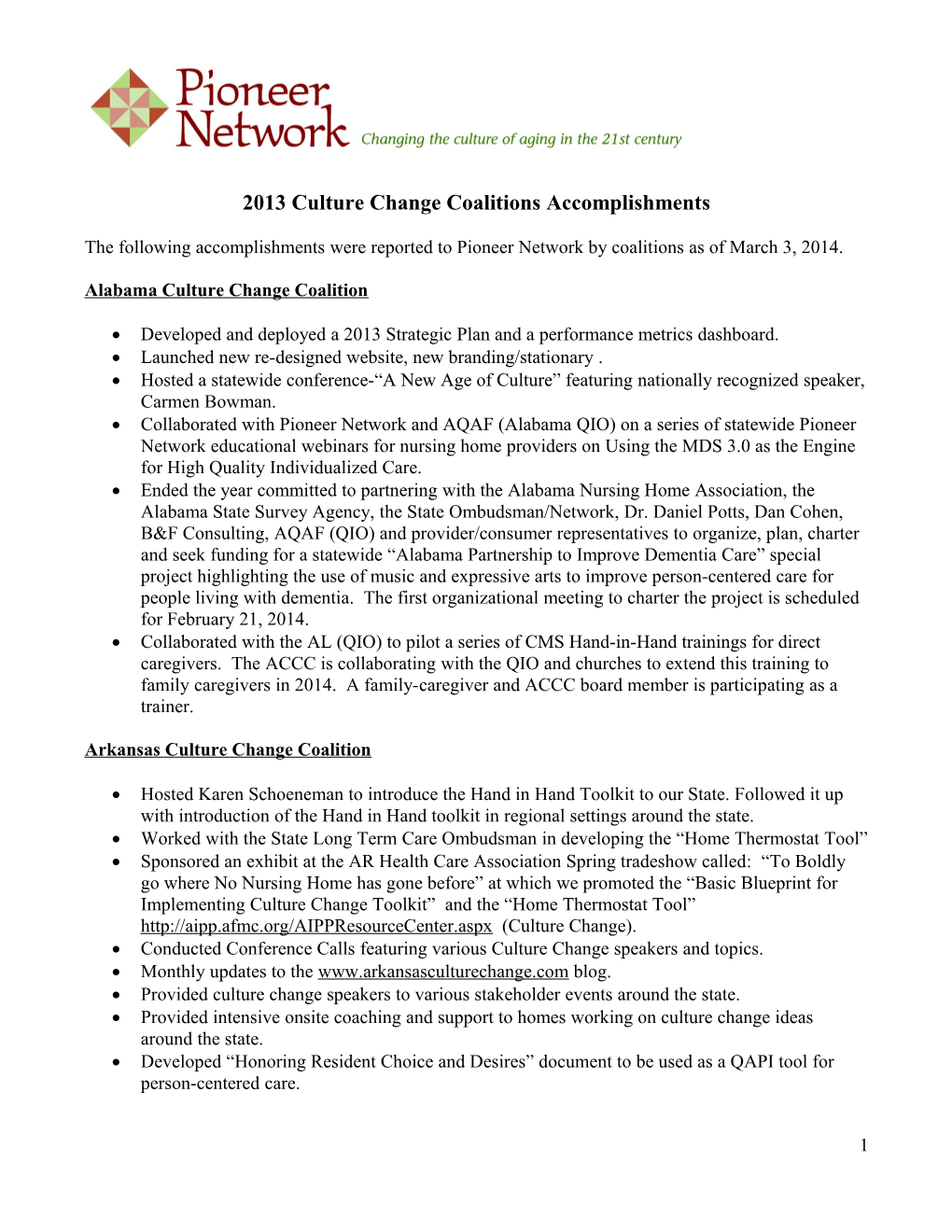 2013 Culture Change Coalitions Accomplishments