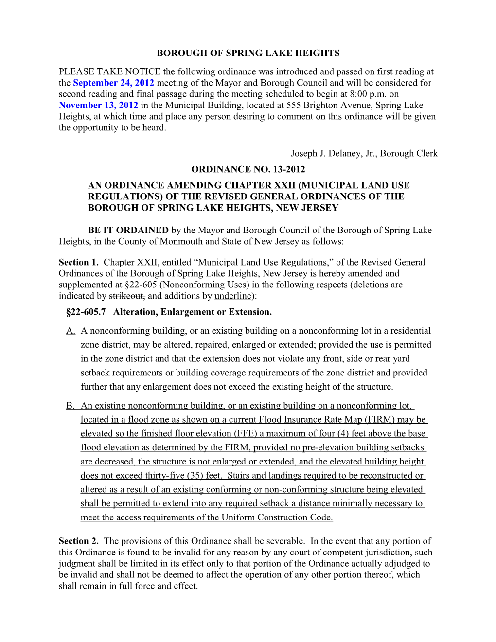 Ordinance 2010-___ an Ordinance of the Borough of Spring Lake Heights, County of Monmouth