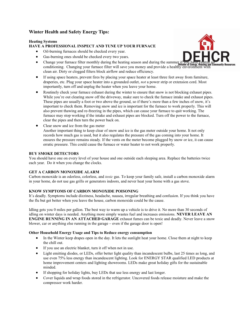 DEHCR Winter Health and Safety Energy Tips