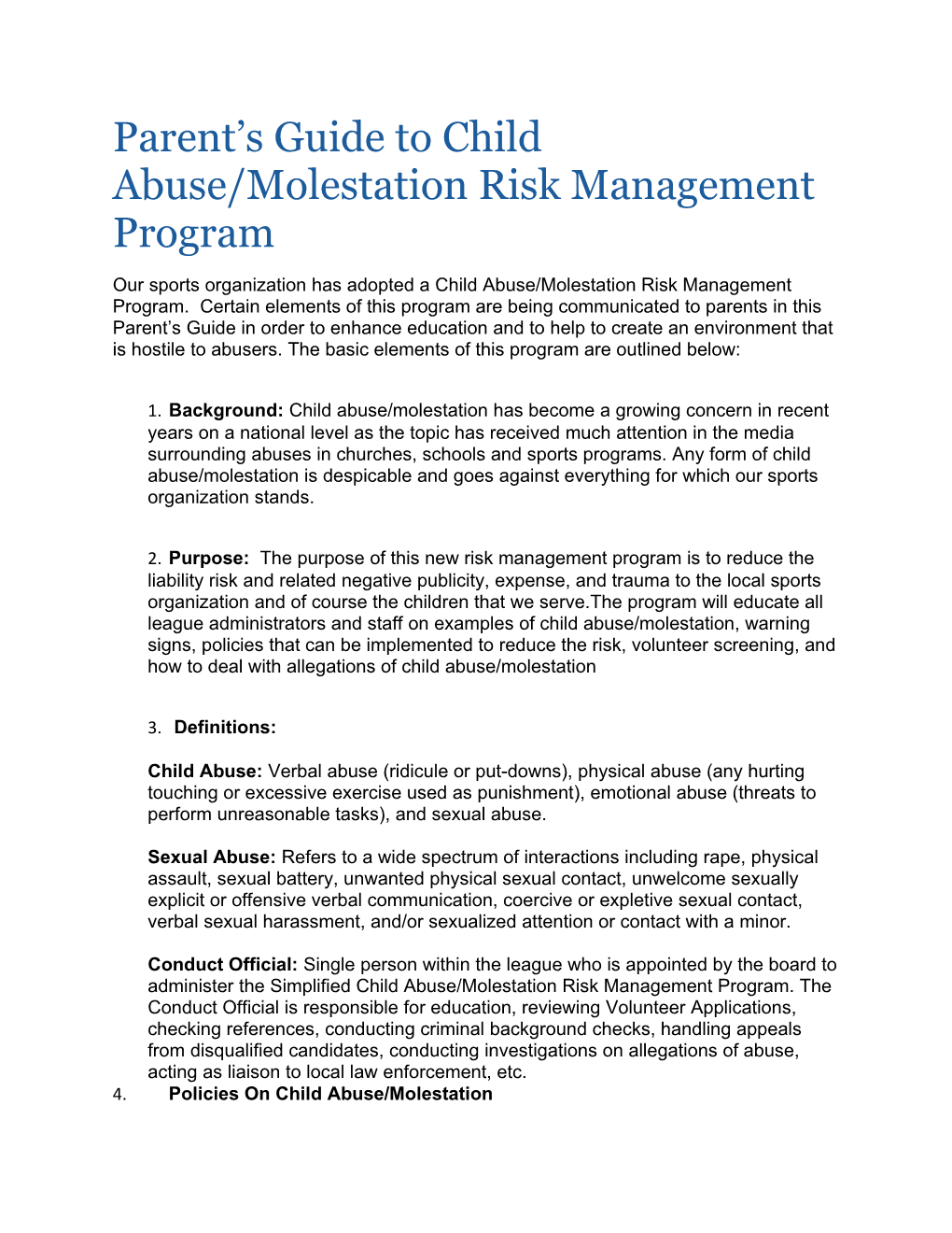 Parent S Guide to Child Abuse/Molestation Risk Management Program