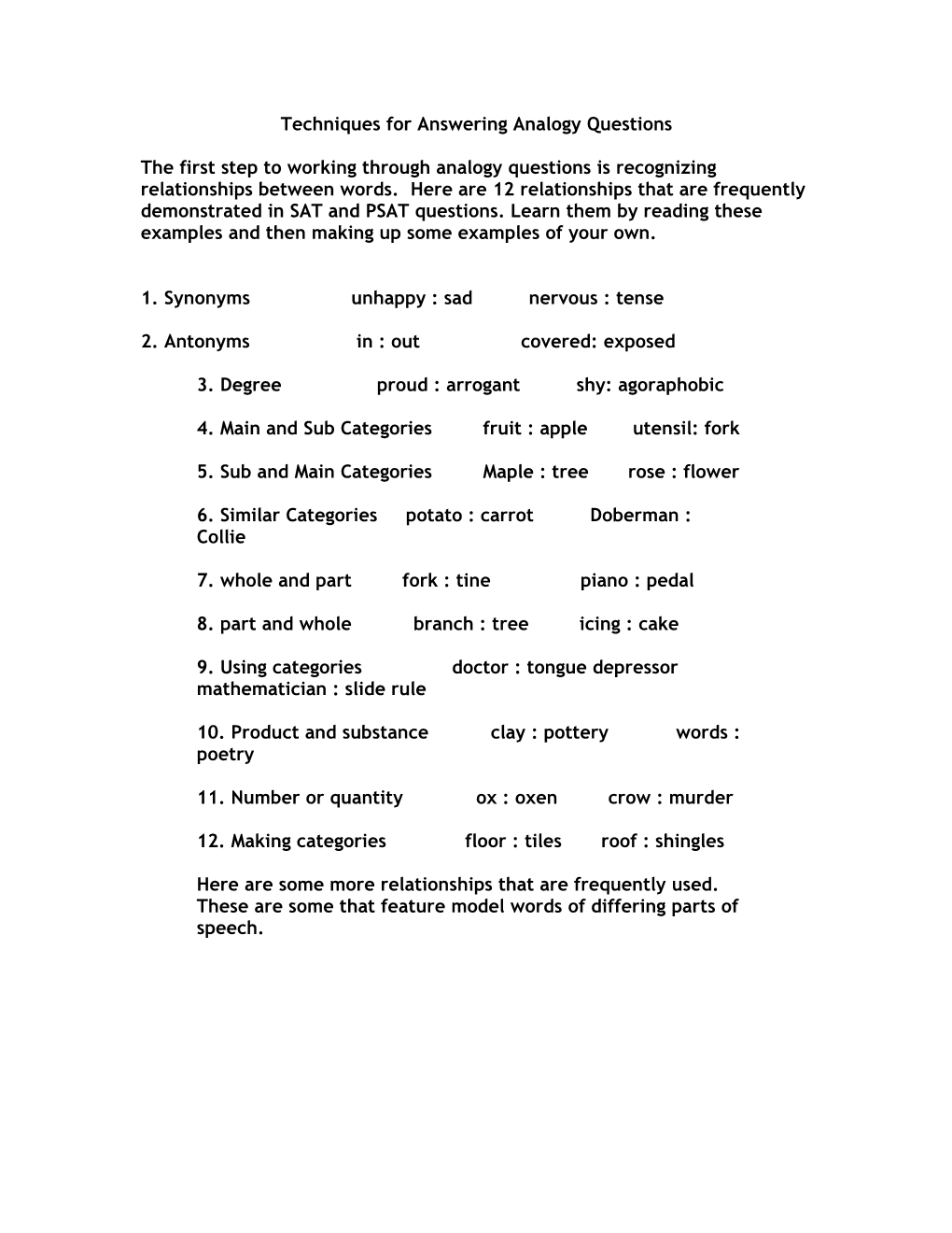 Techniques for Answering Analogy Questions