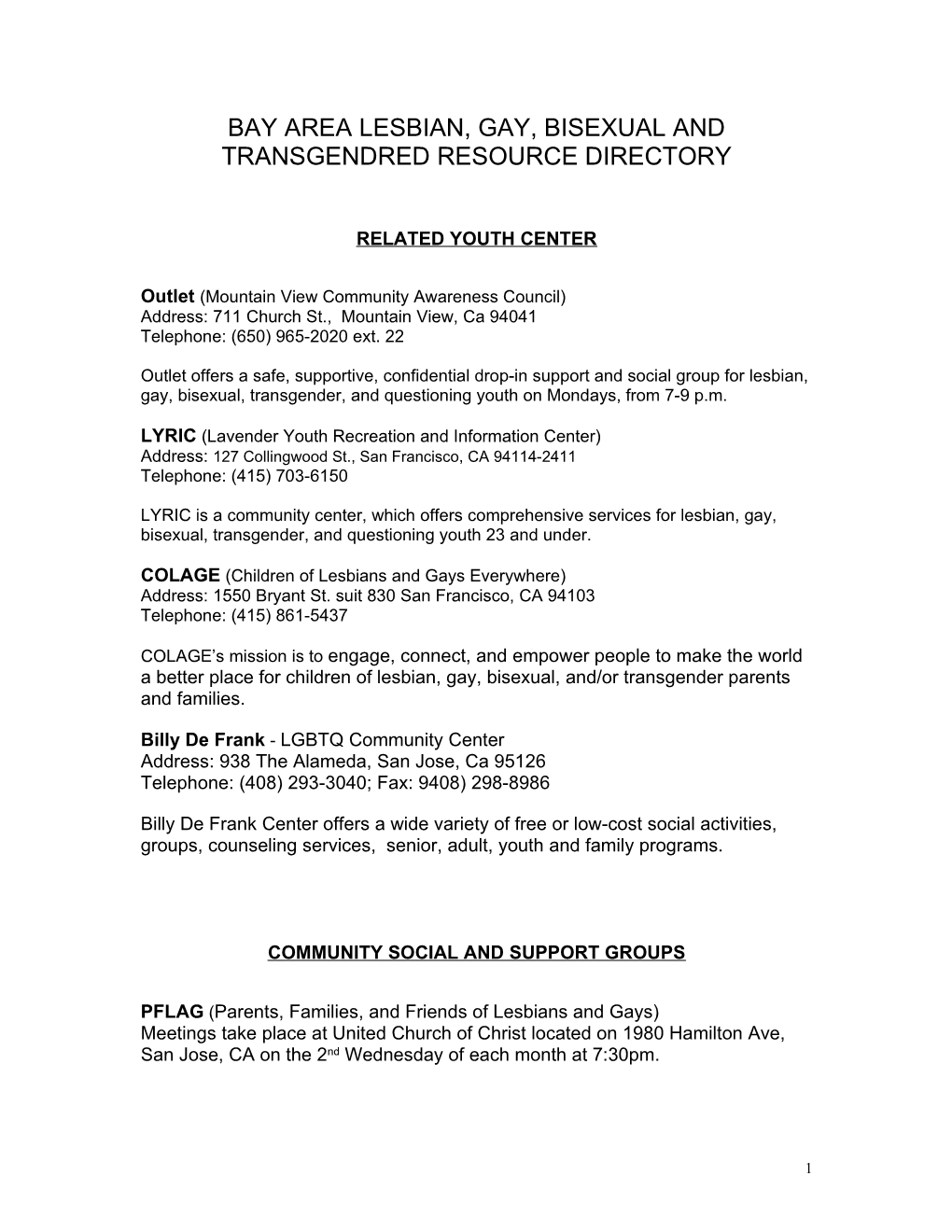 Bay Area Lesbian, Gay, Bisexual and Transgendred Resource Directory