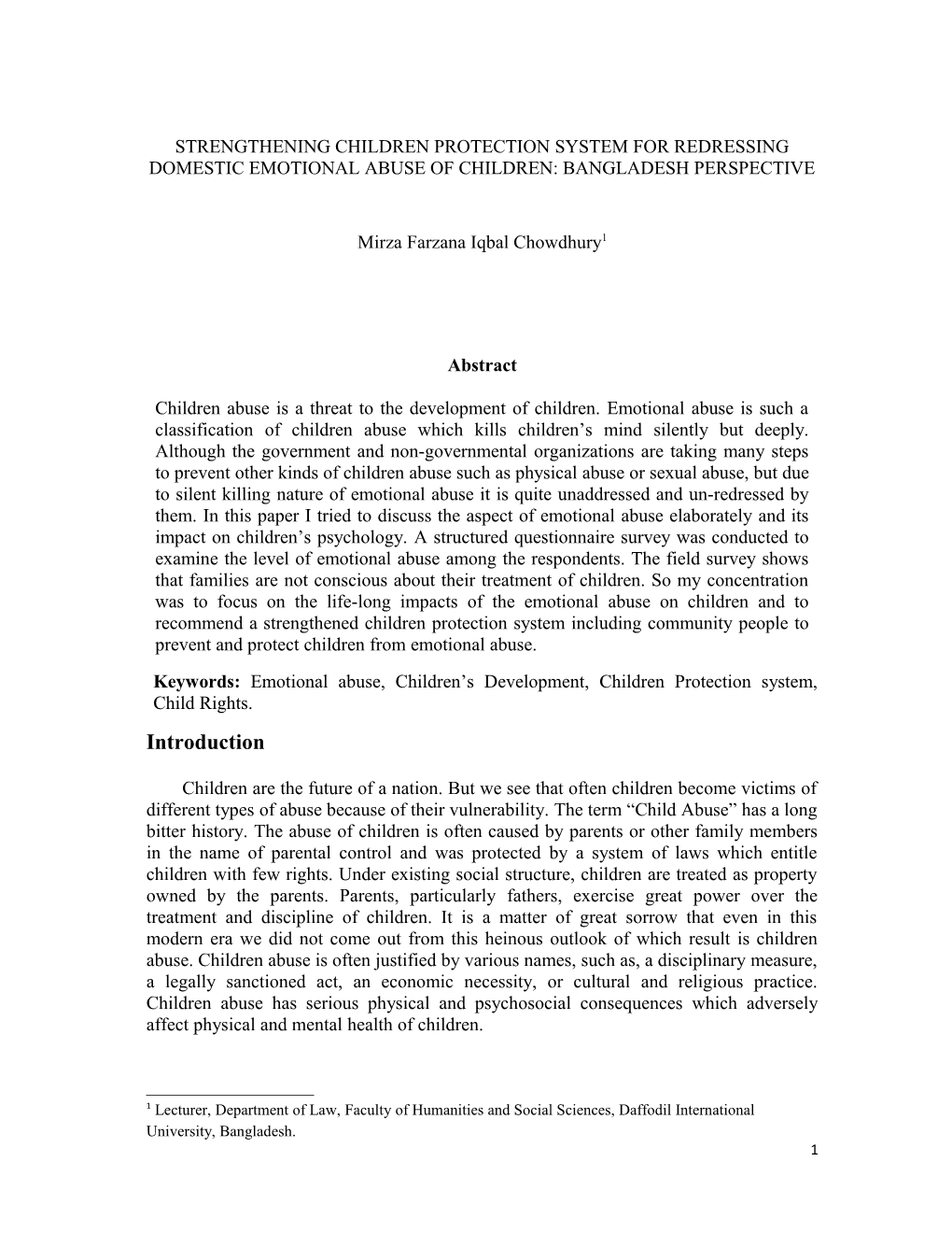 Strengthening Child Protection System for Redressing Emotional Abuse of Child: Bangladesh