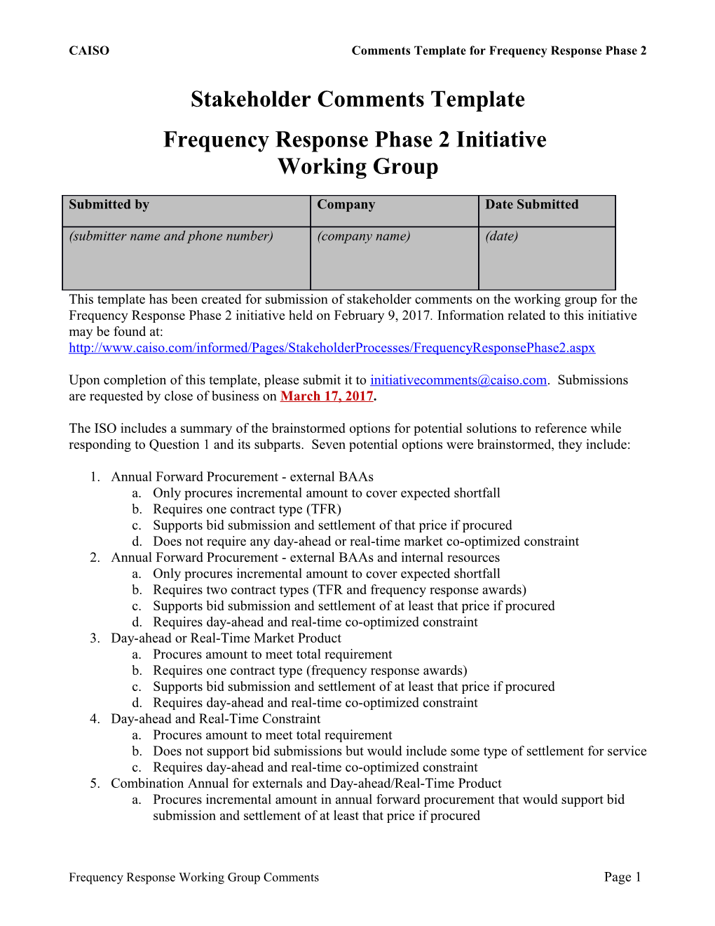 Comments Template - Frequency Response Phase 2 Working Group - Feb 9, 2017