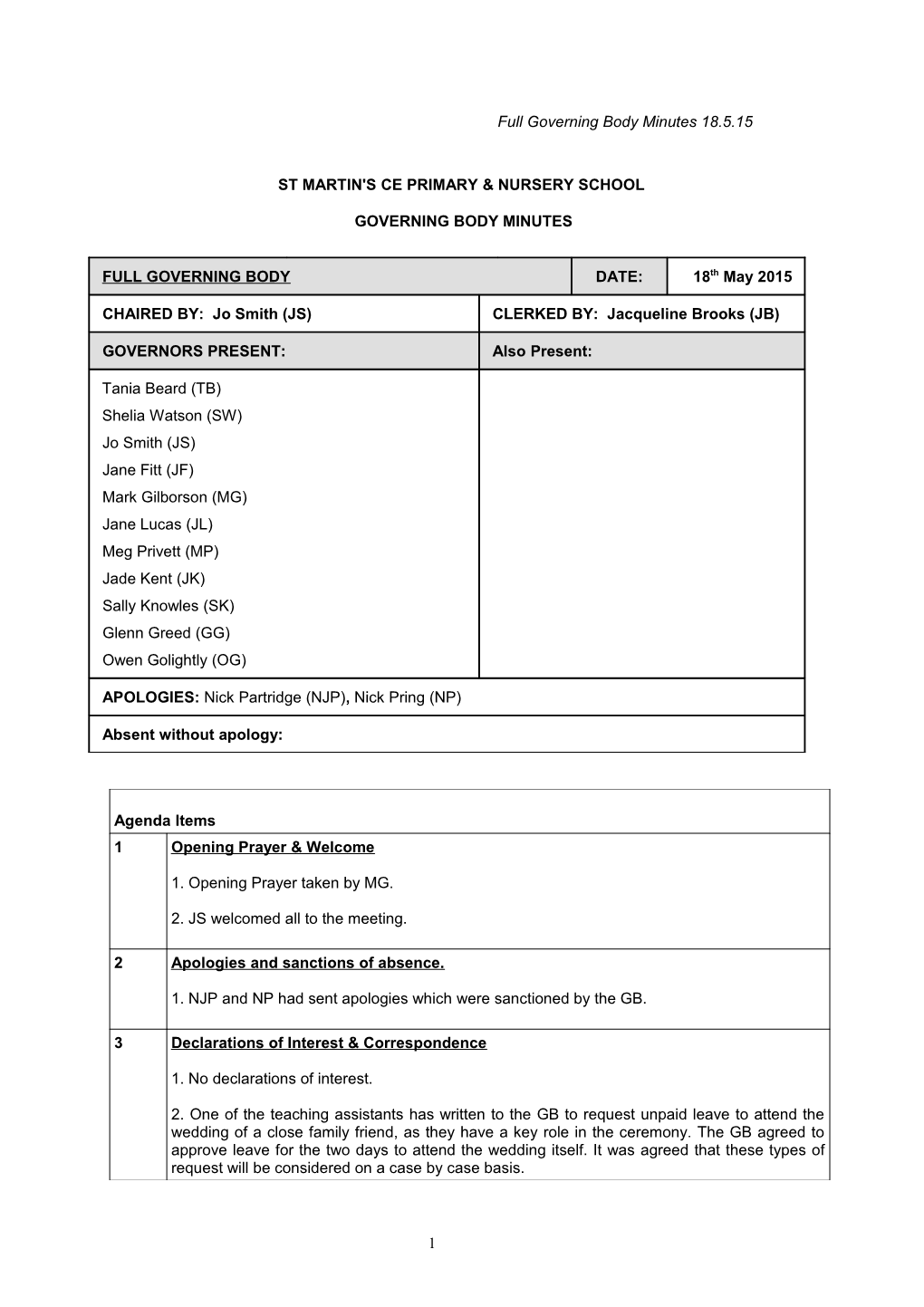 Clyst Honiton Primary School Governing Body Minutes