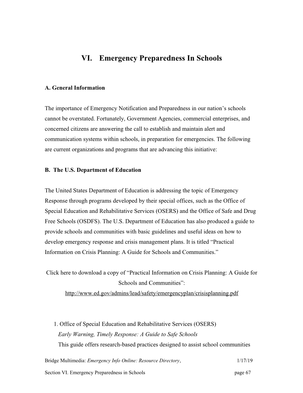 VI.Emergency Preparedness in Schools