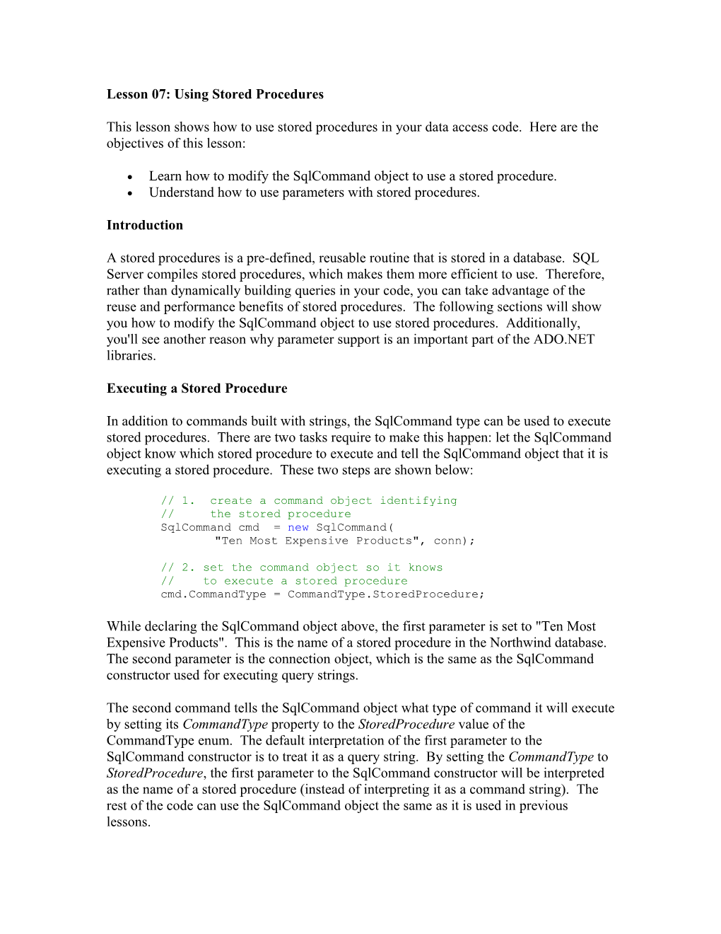 Lesson 07: Using Stored Procedures