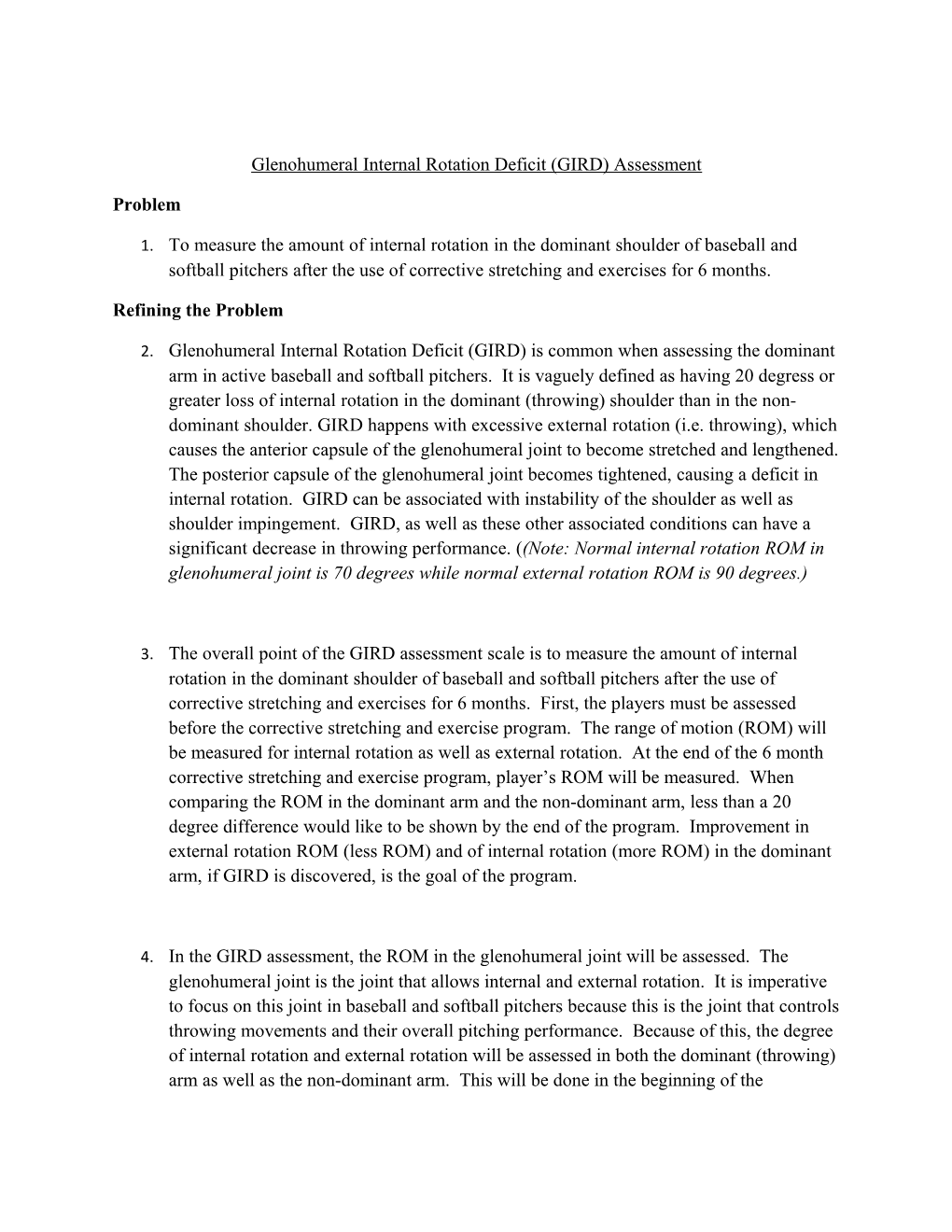 Glenohumeral Internal Rotation Deficit (GIRD) Assessment