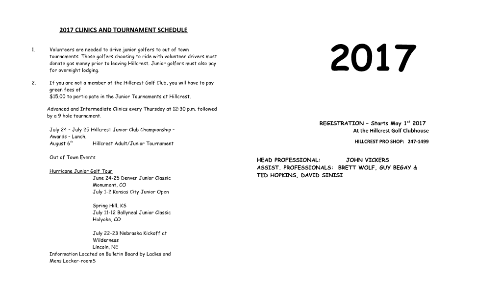 2017 Clinics and Tournament Schedule