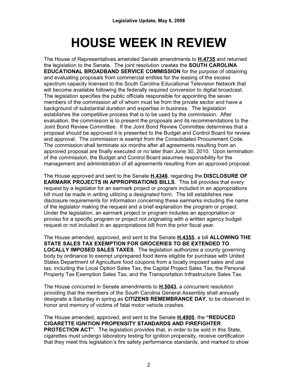 Legislative Update - Vol. 25 No. 17 May 6, 2008 - South Carolina Legislature Online