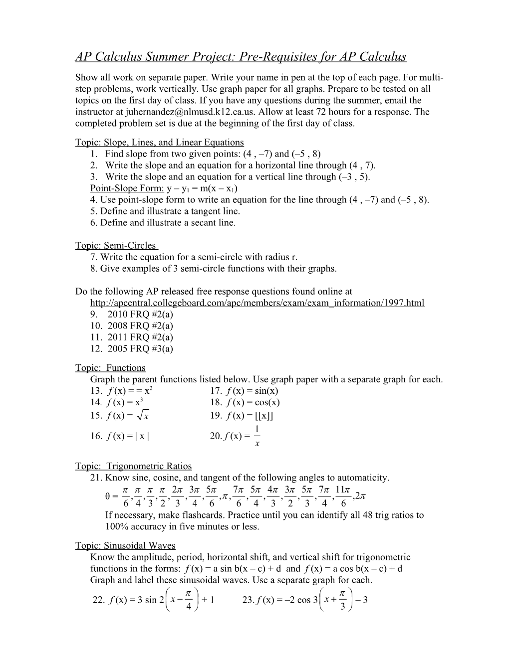 AP Calculus Summer Project: Pre-Requisites for AP Calculus