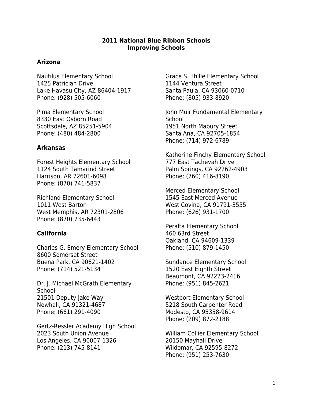 2011 Blue Ribbon Public Schools, Category: Improving Schools October 14, 2011 (Msword)
