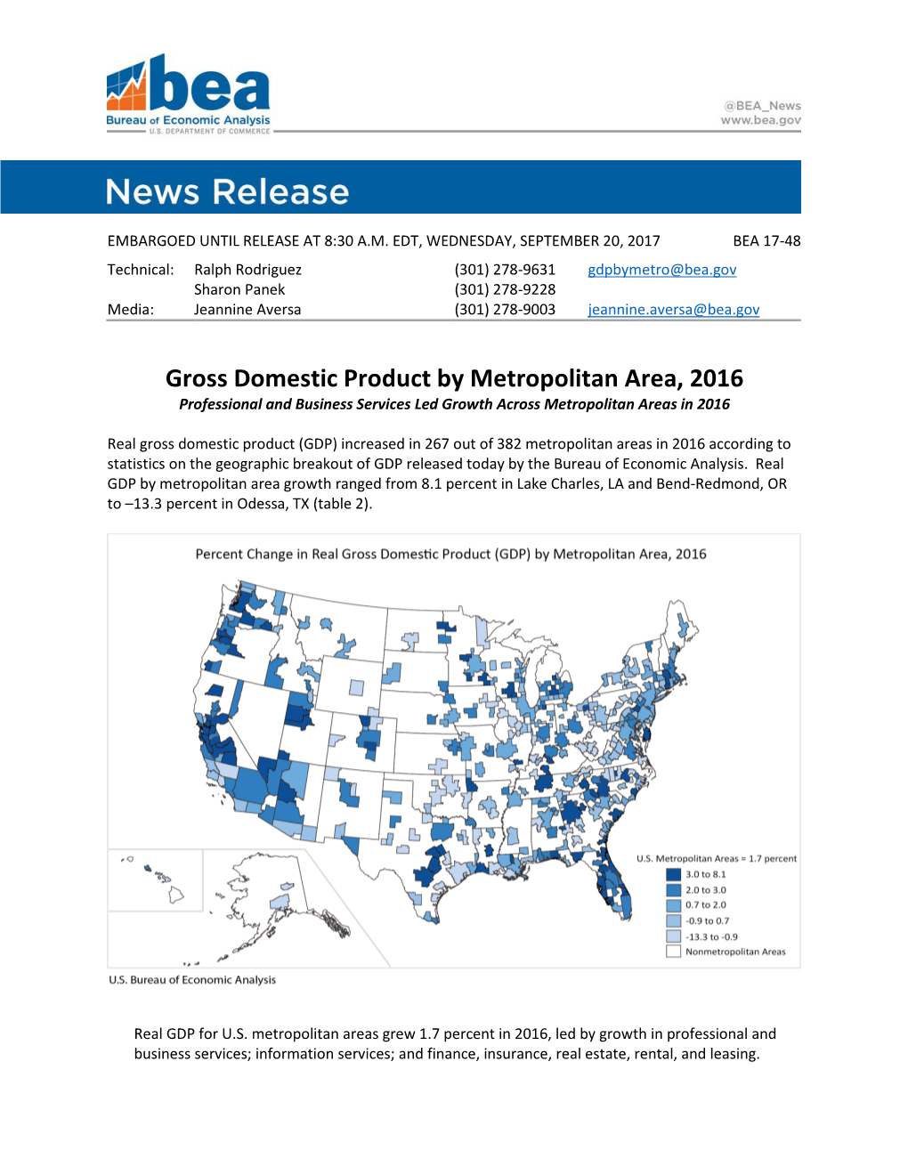 Gross Domestic Product by Metropolitan Area, 2016