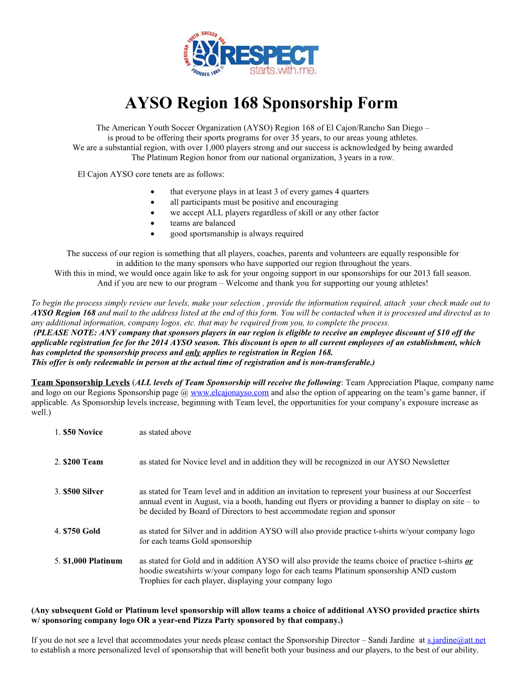 AYSO Region 168 Sponsorship Form