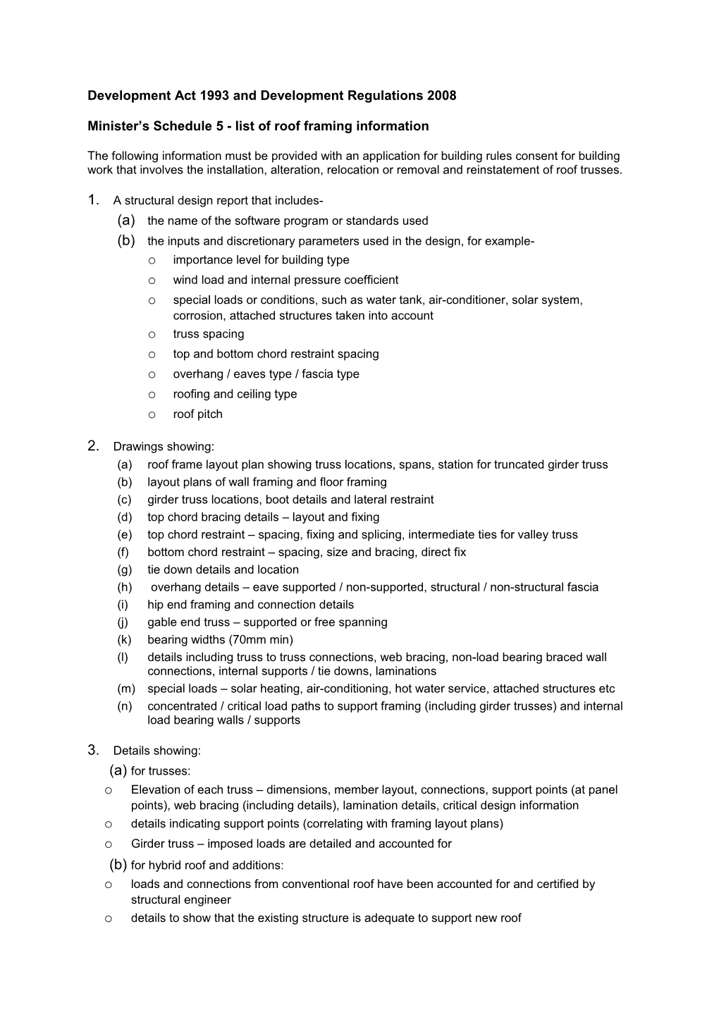 Ministers Schedule 5 List of Roof Framing Information