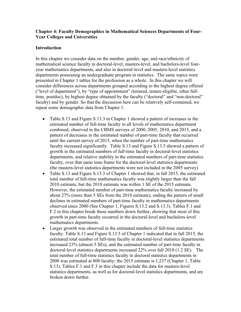 Chapter 4: Faculty Demographics in Mathematical Sciences Departments of Four-Year Colleges