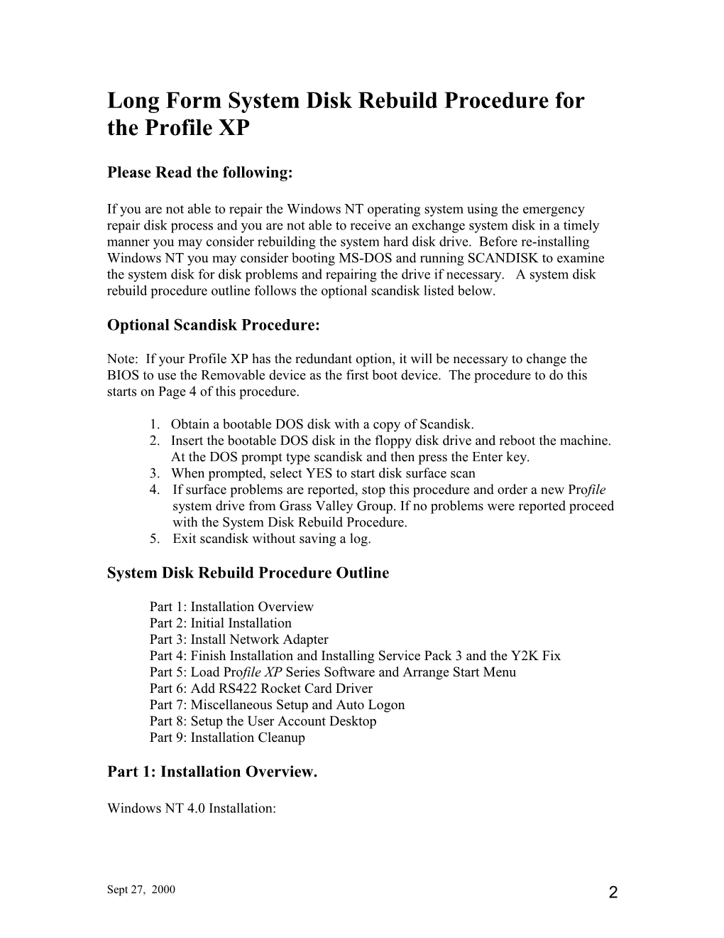 Windows NT Installation for the Profile XP