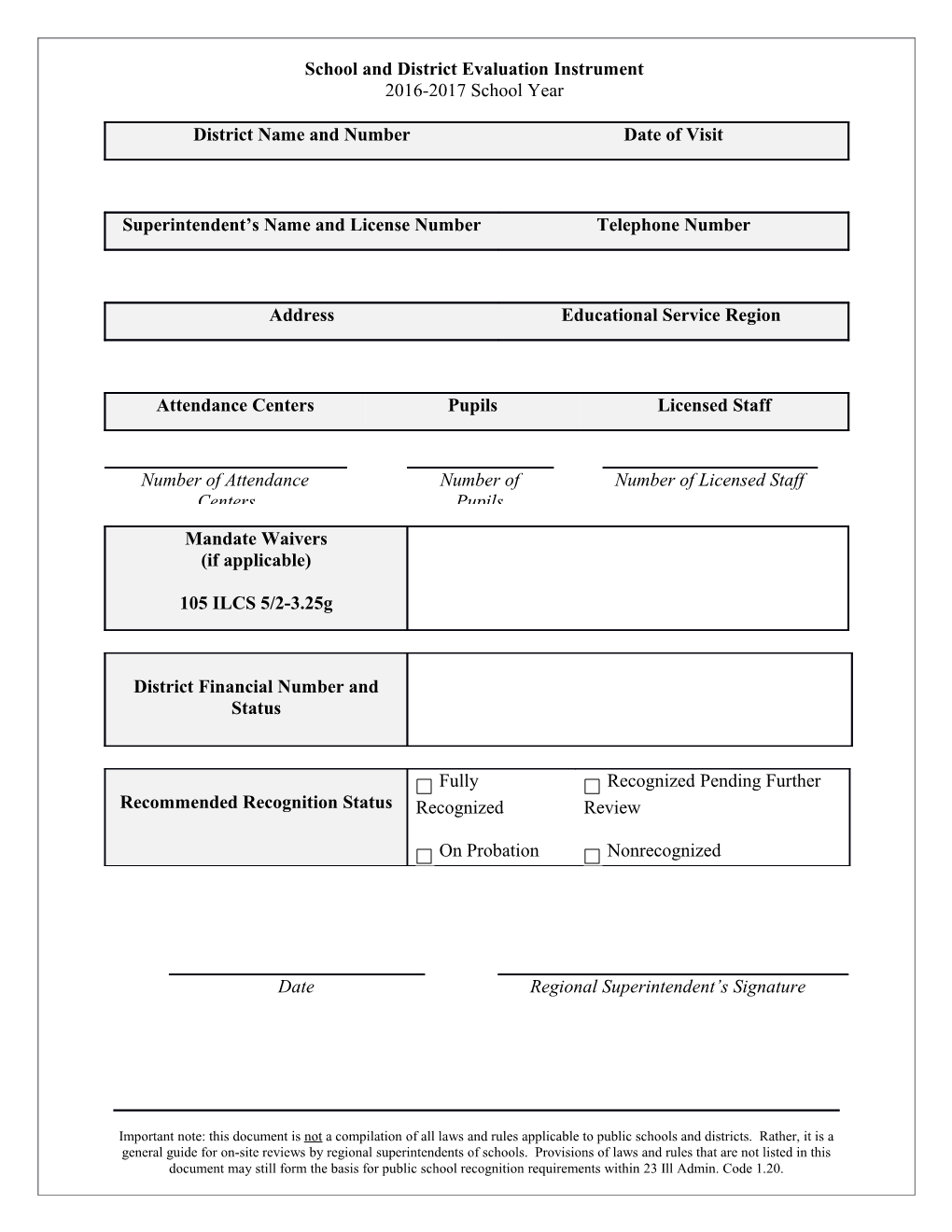 Regional Superintendent of Schools - School Evaluation Form 2016-2017 School Year